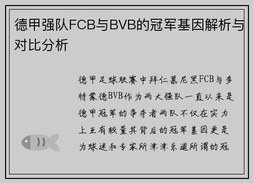 德甲强队FCB与BVB的冠军基因解析与对比分析
