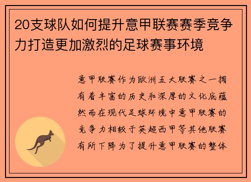 20支球队如何提升意甲联赛赛季竞争力打造更加激烈的足球赛事环境